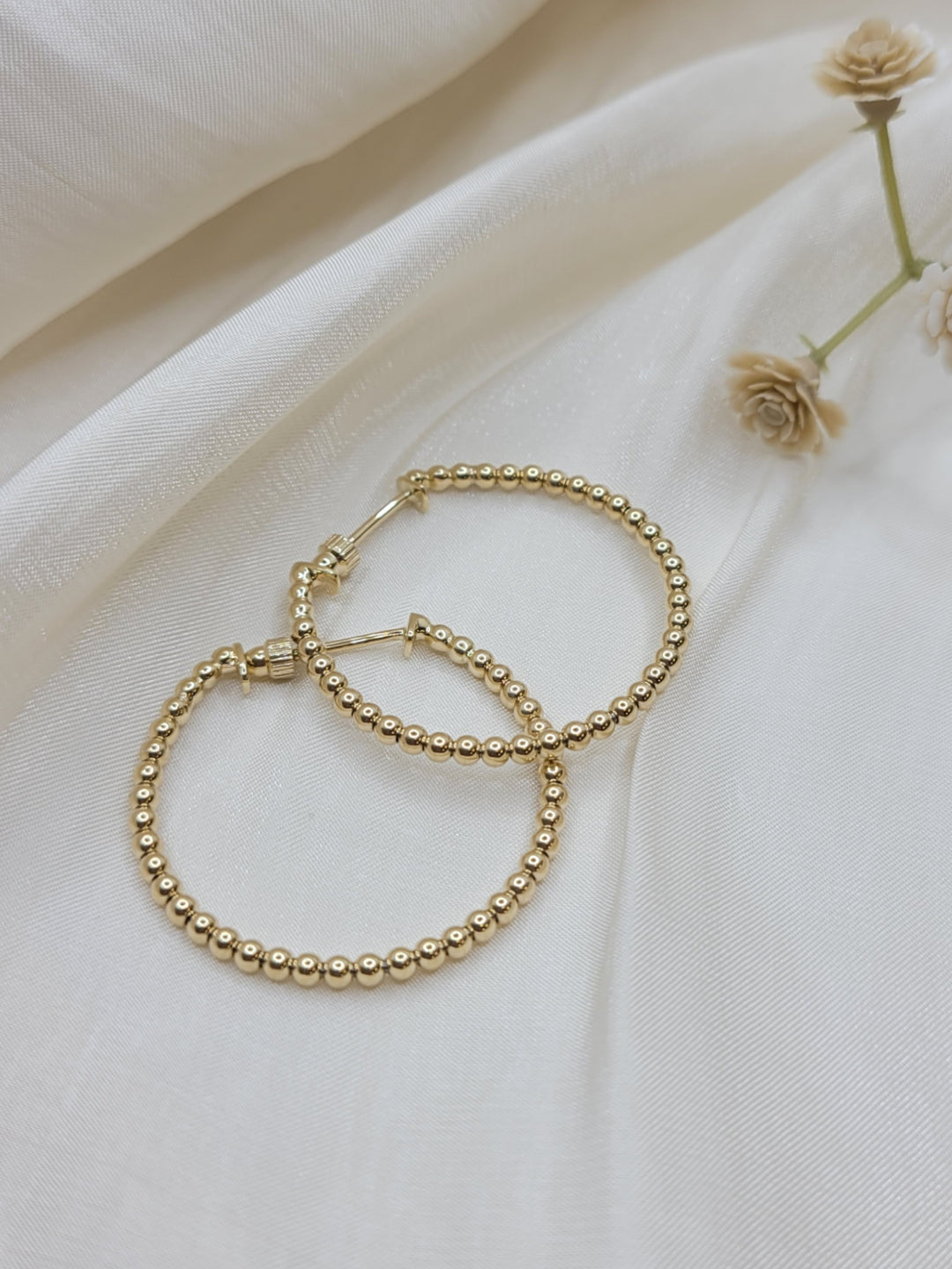14K Yellow Gold Beaded Hoop Gold Earrings