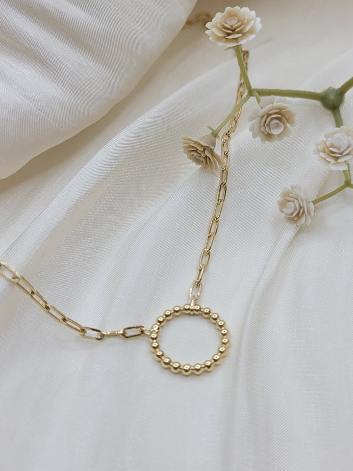 14K Yellow Gold Beaded Circle Gold Necklace