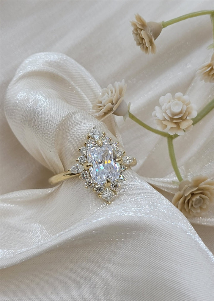14K Yellow Gold Elongated Cushion Halo Diamond Engagement Ring Mounting