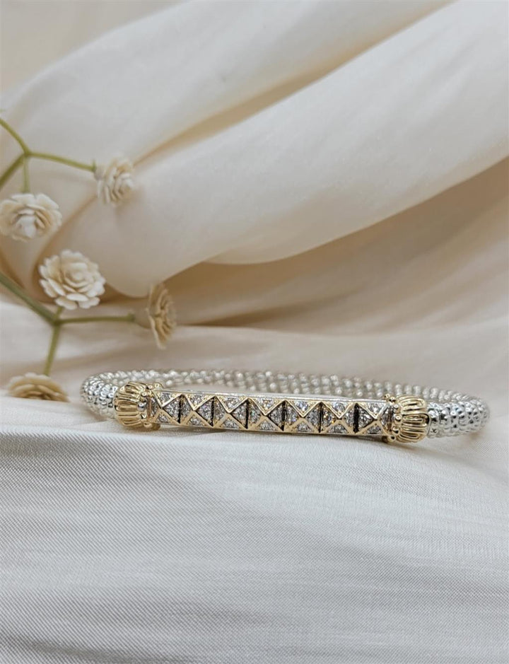 "Vahan" Silver & 14k 4mm Diamond Open Bangle Bracelet