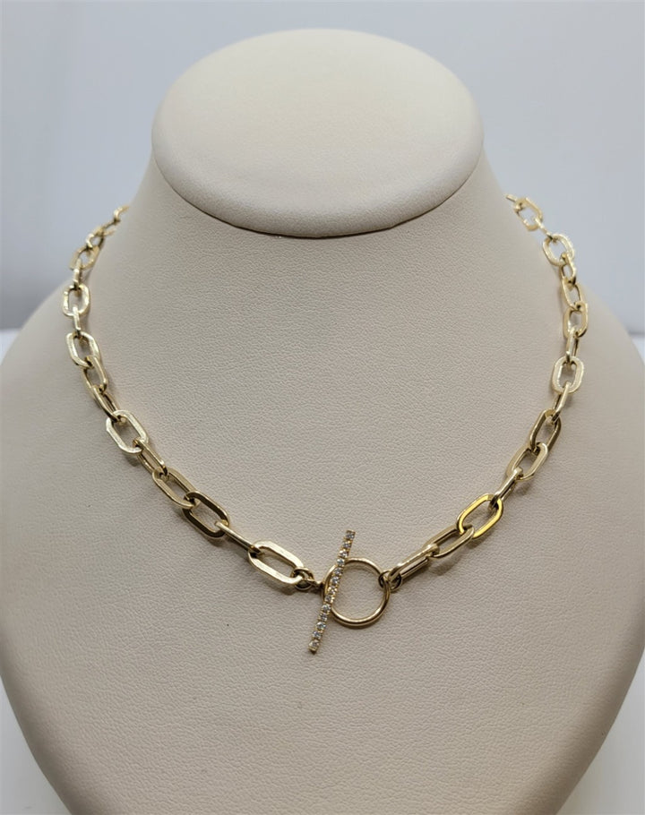 18" 14K Yellow Gold Paper Clip Chain Diamond Toggle Necklace