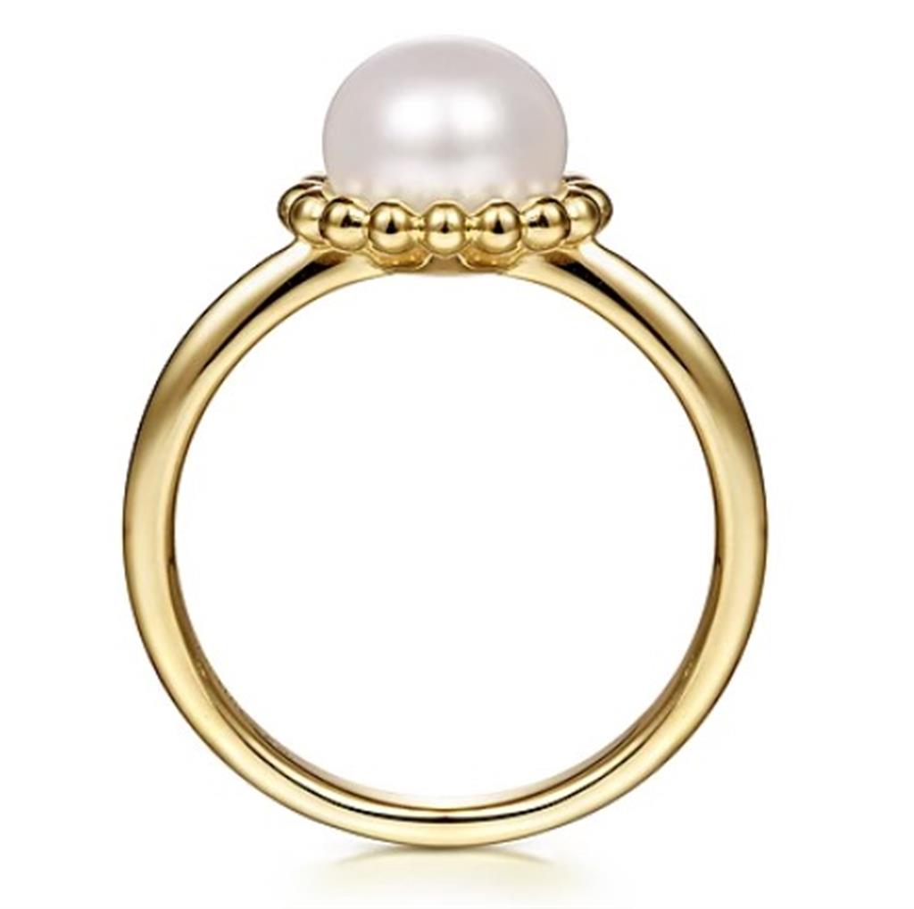 14K Yellow Gold Bujukan-Gaby Pearl Fashion Ring With Beaded Halo