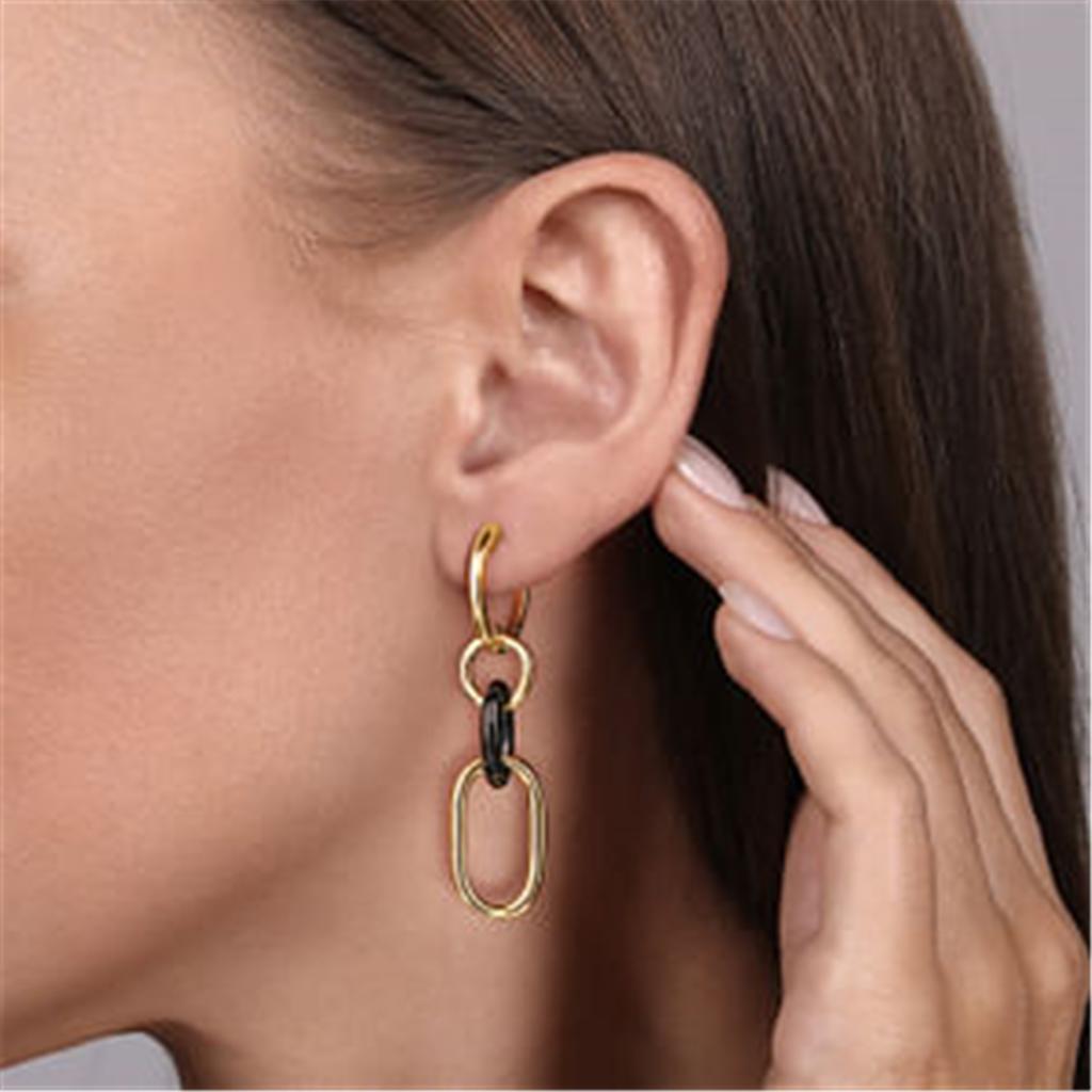 14K Yellow Gold & Black Ceramic Linked Dangle Earrings