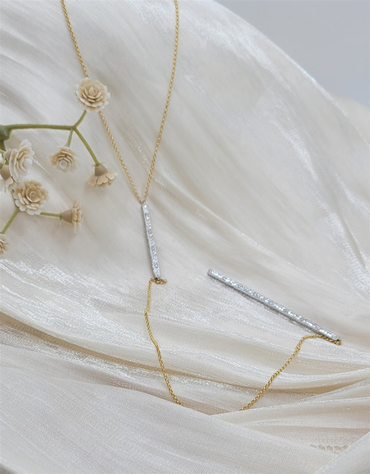 14K Two-Tone Gold Diamond Bar Drop Necklace