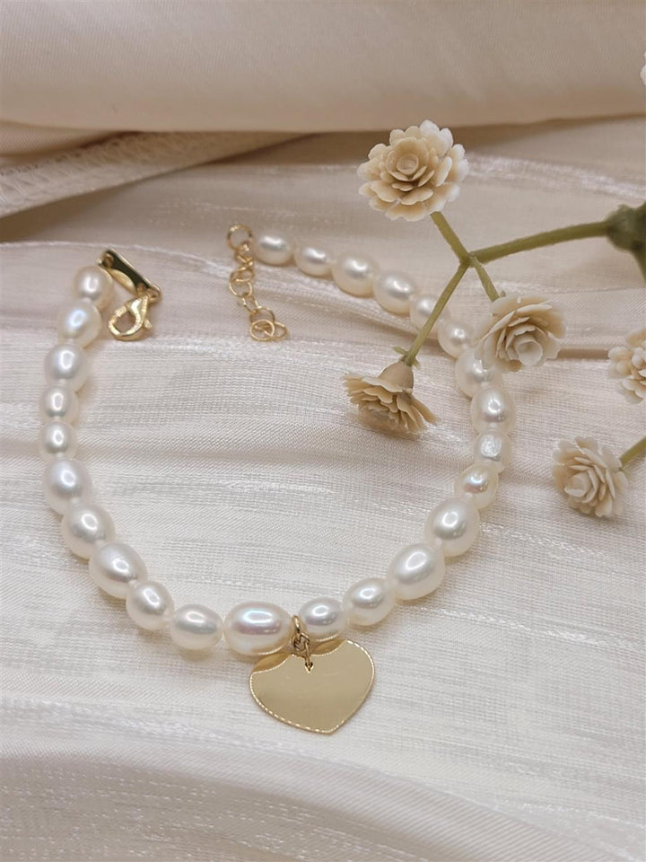 14K Yellow Gold Pearl Bracelet With Engravable Heart Charm