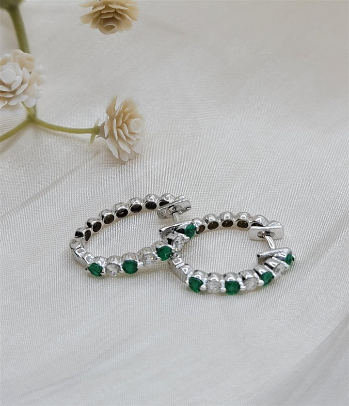 14K White Gold Emerald & Diamond Hoop Earrings