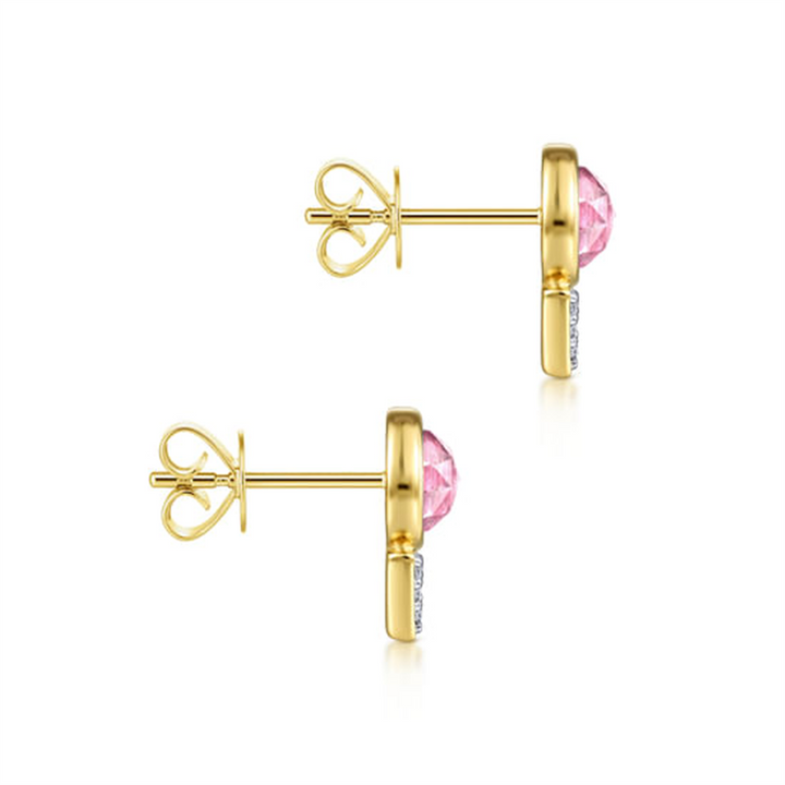 14K Yellow Gold Bezel Set Pink Created Zircon And Diamond Cluster Stud Earrings