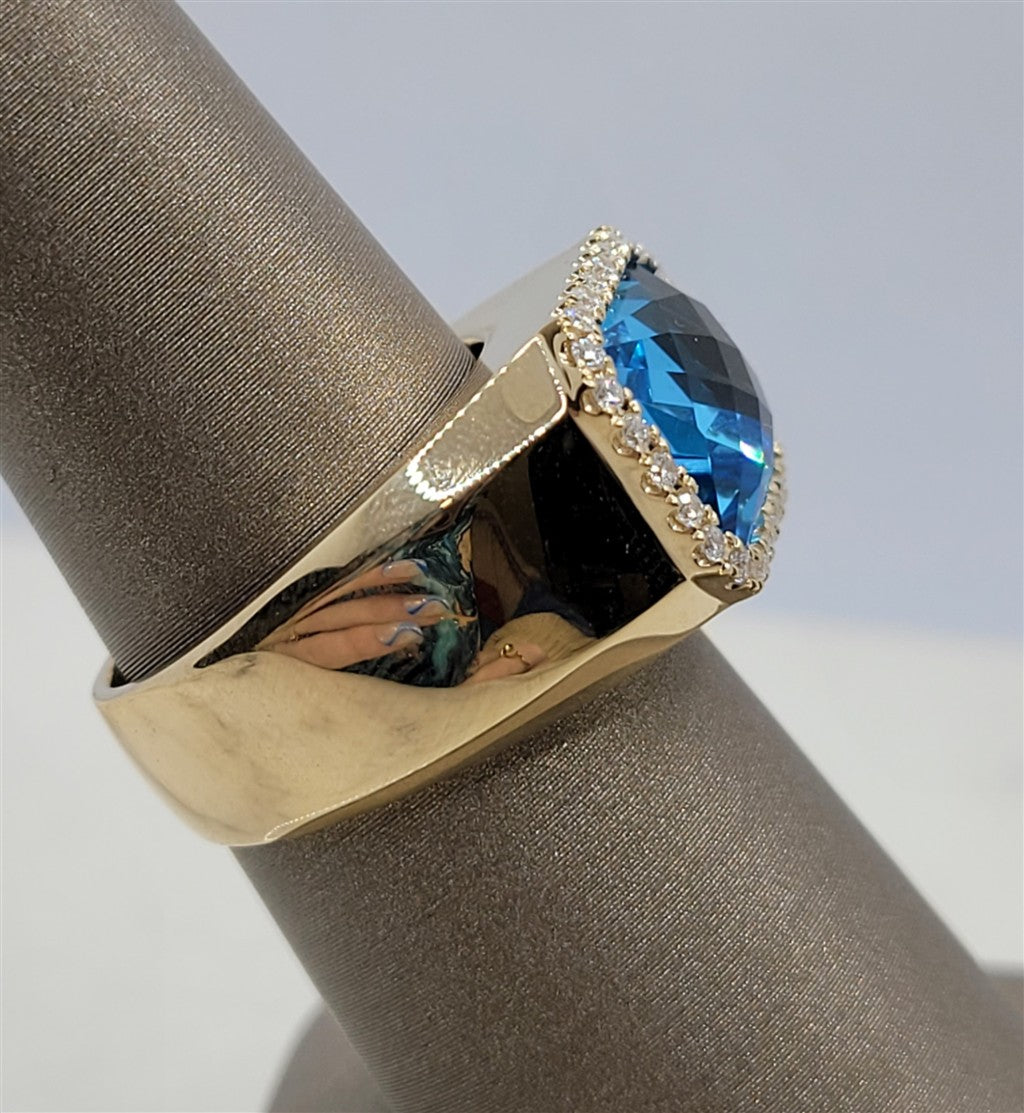 14K Yellow Gold Wide Band Blue Topaz & Diamonds Gemstone Ring