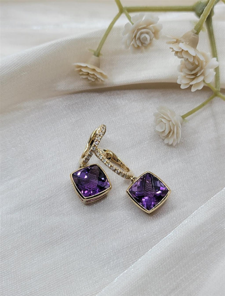 14K Yellow Gold Amethyst Gemstone And Diamond Dangle Earrings