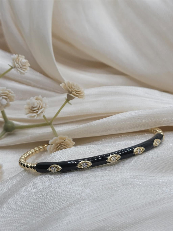 14K Yellow Gold Bujukan Beads And Diamond Split Bangle With Black Enamel