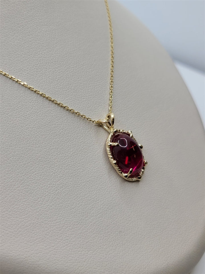 16" 14K Yellow Gold Custom Designed Oval Ruby Pendant Necklace