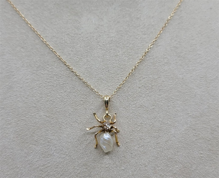 14K Yellow Gold Pearl And Diamond Spider Fashion Necklace