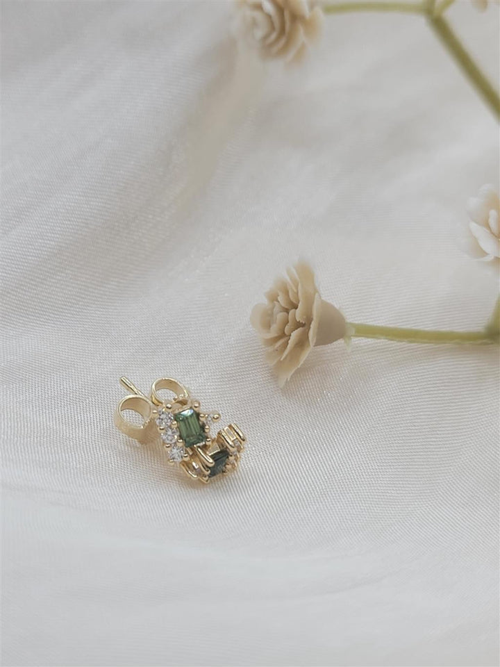 14K Yellow Gold Green Sapphire And Diamond Stud Earrings