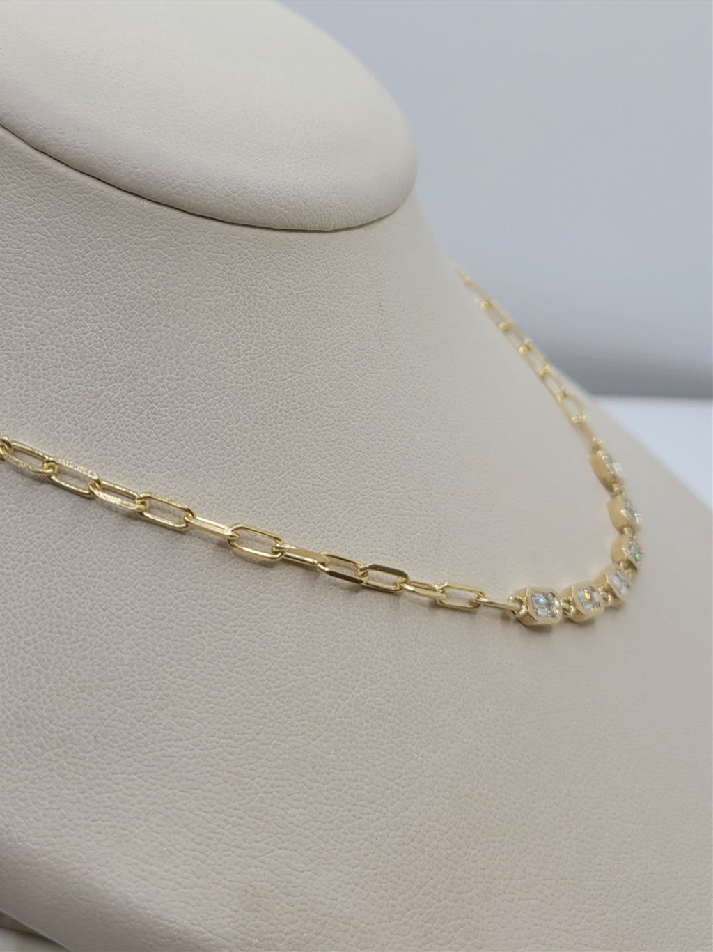 15" 14K Yellow Gold Bezel Baguette Natural Diamond Paperclip Chain Necklace