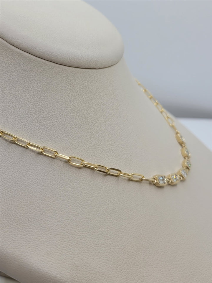 15" 14K Yellow Gold Bezel Baguette Natural Diamond Paperclip Chain Necklace