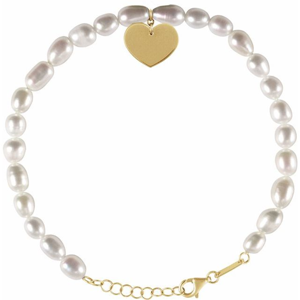 14K Yellow Gold Pearl Bracelet With Engravable Heart Charm