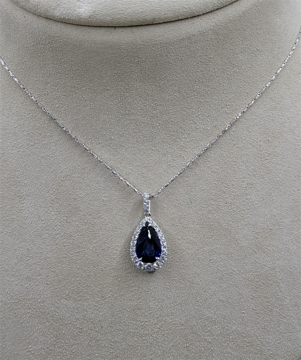 18K White Gold Pear Cut Sapphire Gemstone & Diamond Necklace