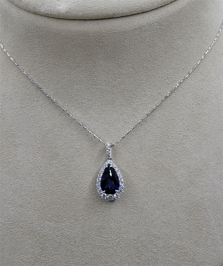 18K White Gold Pear Cut Sapphire Gemstone & Diamond Necklace