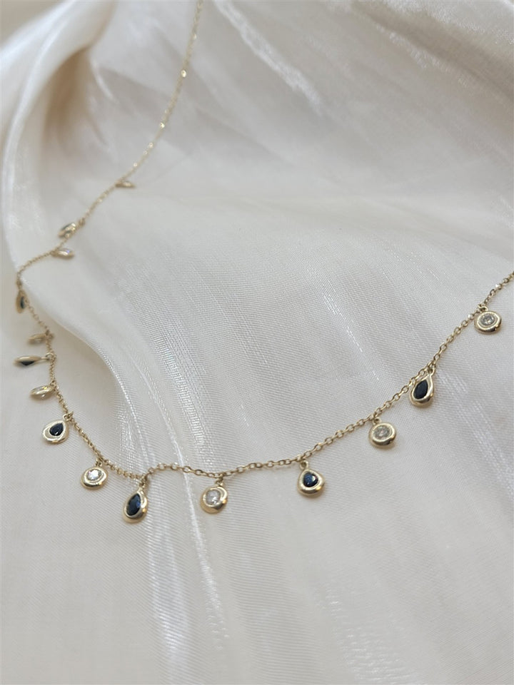 18" 14K Yellow Gold Sapphire And Diamond Dangle Station Necklace