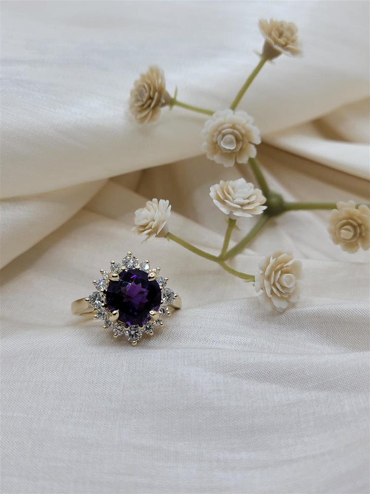 14K Yellow Gold Amethyst & Diamond "Flower" Fashion Ring