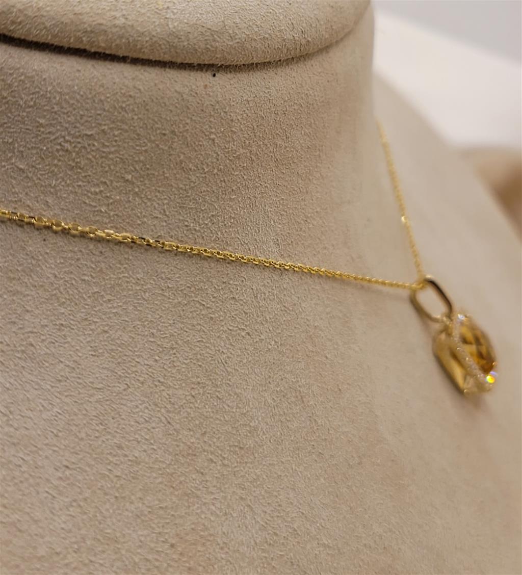 14K Yellow Gold Citrine Gemstone And Diamond Halo Necklace