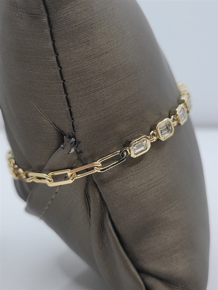 7.25" 14K Yellow Gold Bezel Set Diamond Paper Clip Chain Bracelet