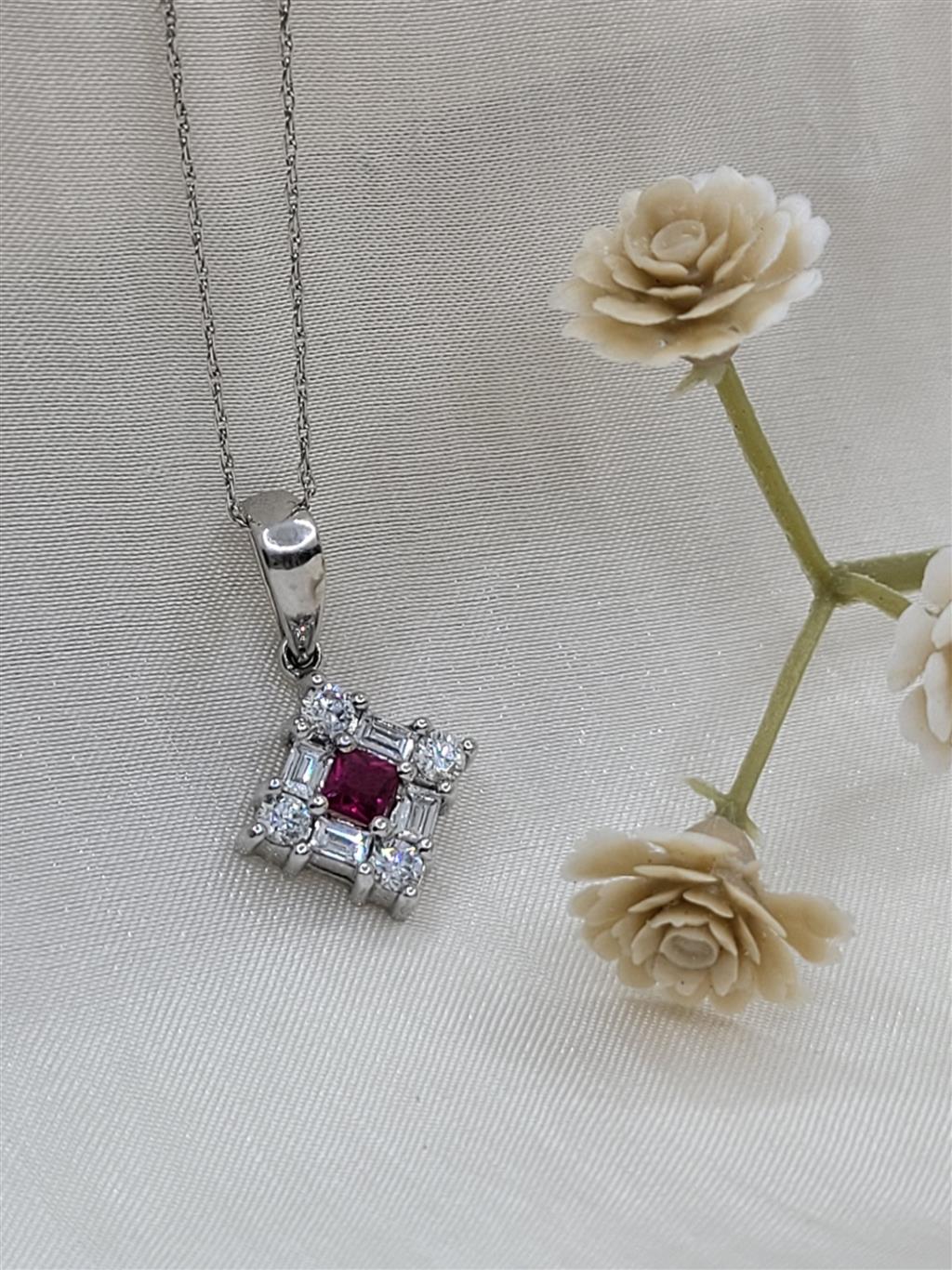 14K White Gold Ruby & Diamond Vintage Necklace