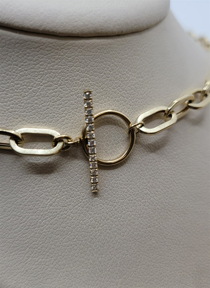 18" 14K Yellow Gold Paper Clip Chain Diamond Toggle Necklace