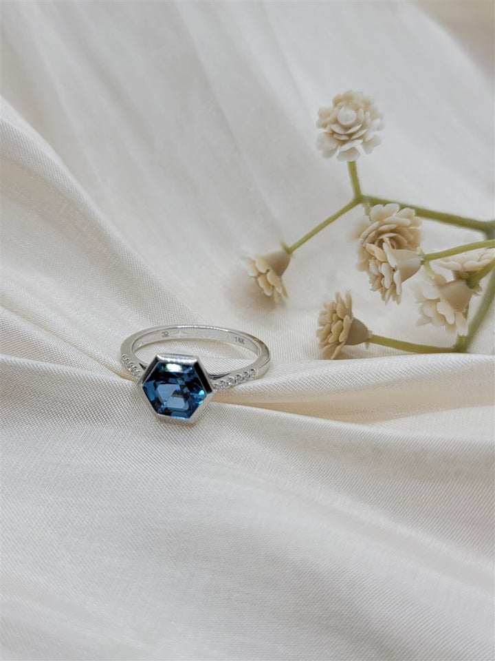 14K White Gold London Blue Topaz & Diamond Gemstone Ring