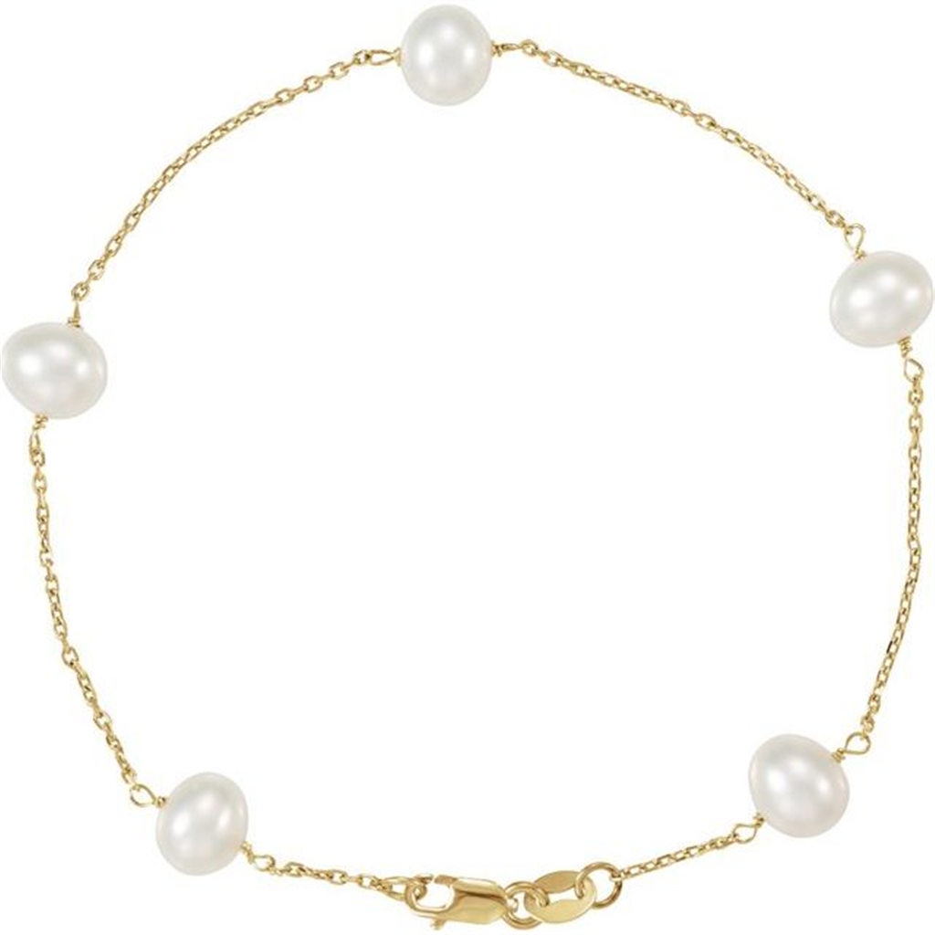 7" 14K Yellow Gold Cultured White Freshwater Pearl 5-Station Bracelet
