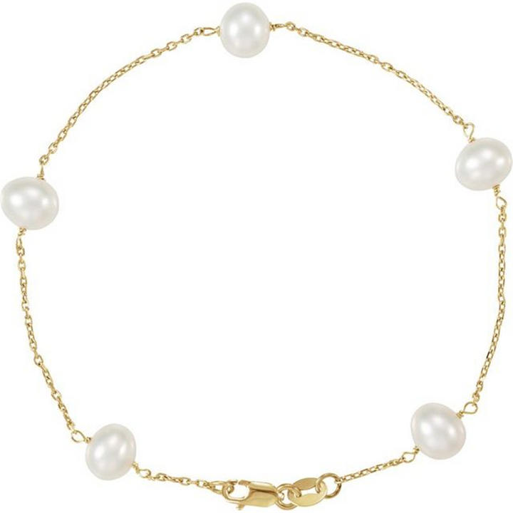 7" 14K Yellow Gold Cultured White Freshwater Pearl 5-Station Bracelet