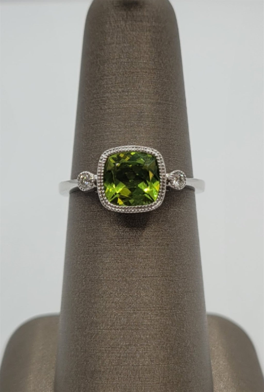 14K White Gold Milgrained Peridot And Diamond Fashion Ring
