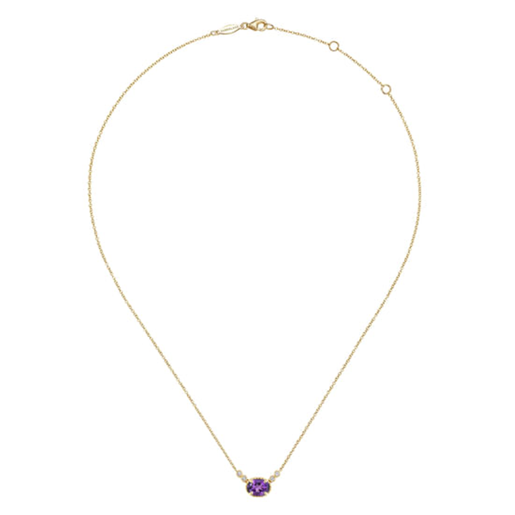 17.5" 14K Yellow Gold Oval Amethyst Pendant Necklace With Diamond Accents