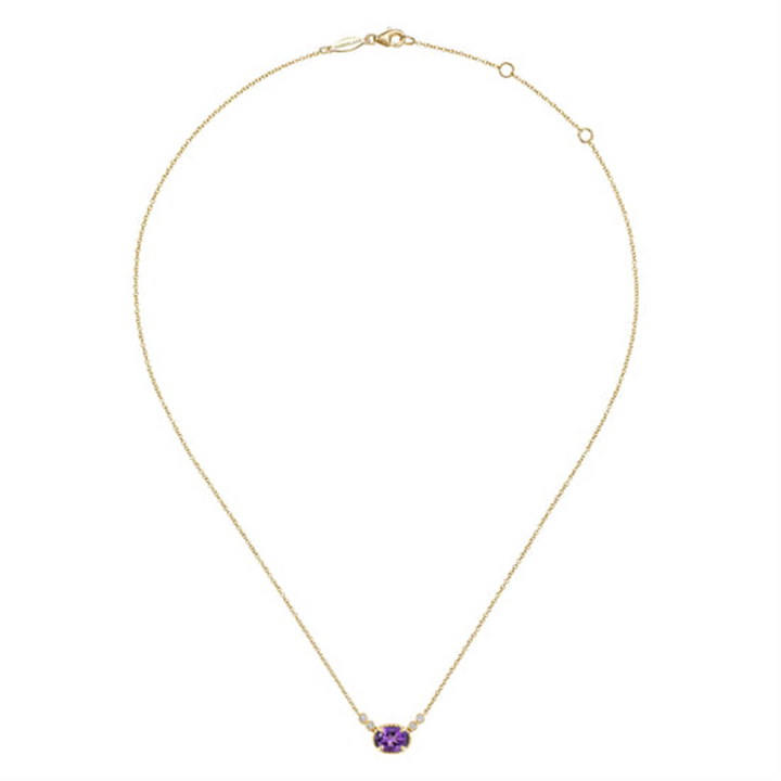 17.5" 14K Yellow Gold Oval Amethyst Pendant Necklace With Diamond Accents