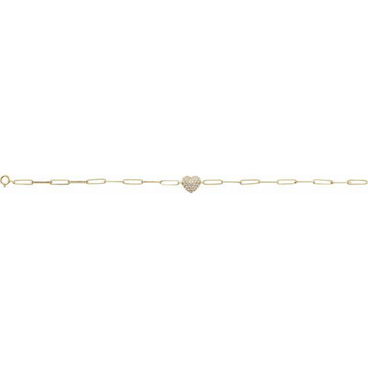 14K Yellow Gold Puffed Diamond Heart Charm Paper Clip Link Bracelet