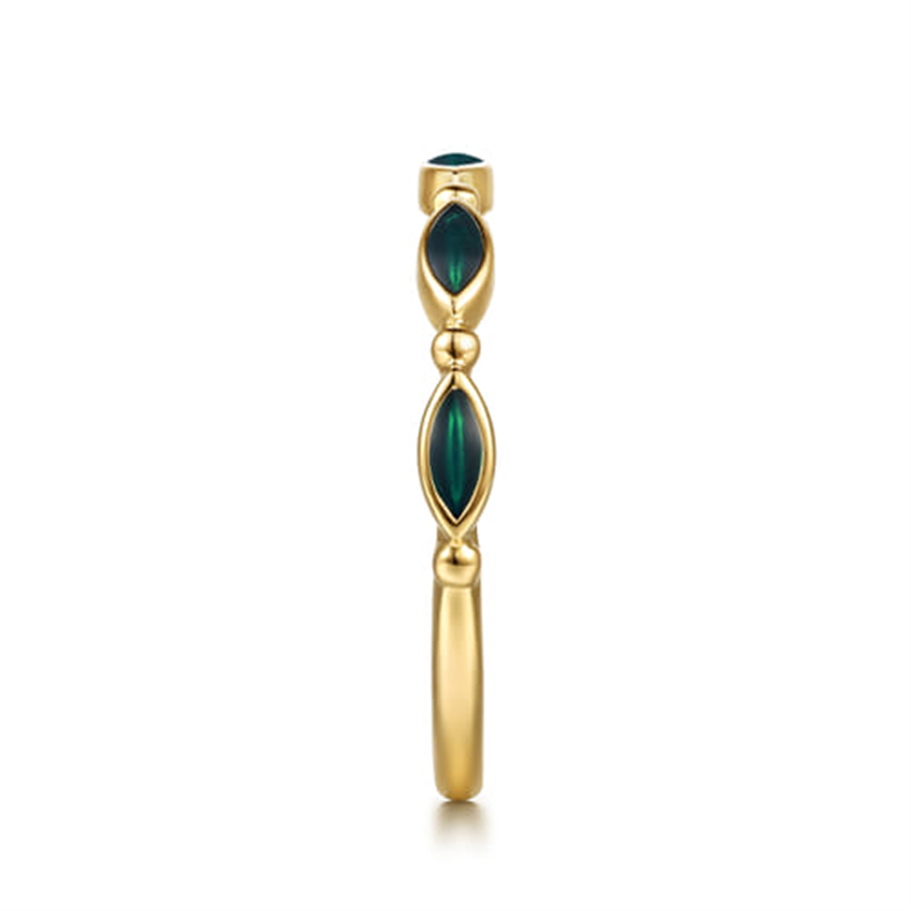14K Yellow Gold Bujukan Ball And Marquise Shape Stackable Ring With Chrome Green Enamel