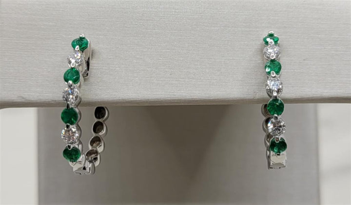 14K White Gold Emerald & Diamond Hoop Earrings