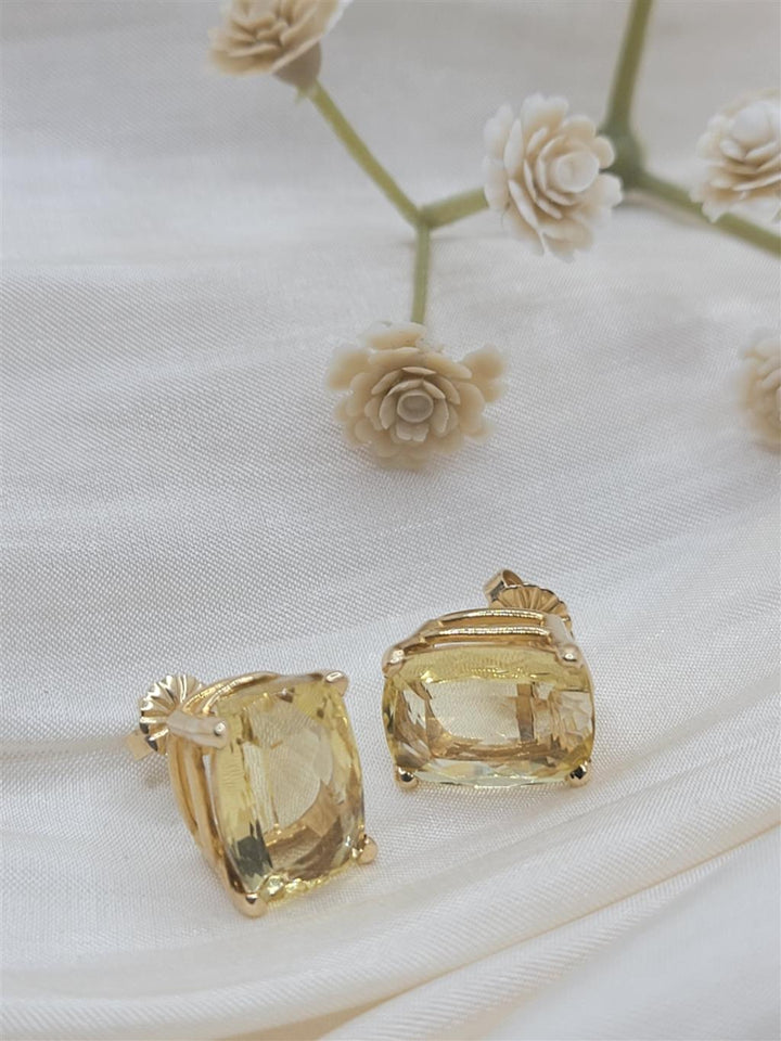 14K Yellow Gold 11.27 ctw Cushion Cut Golden Beryle Gemstone Earrings