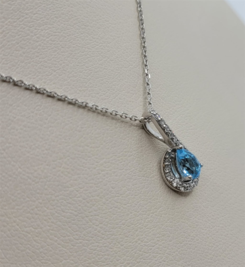 10K White Gold Blue Topaz & Diamond Halo Pendant