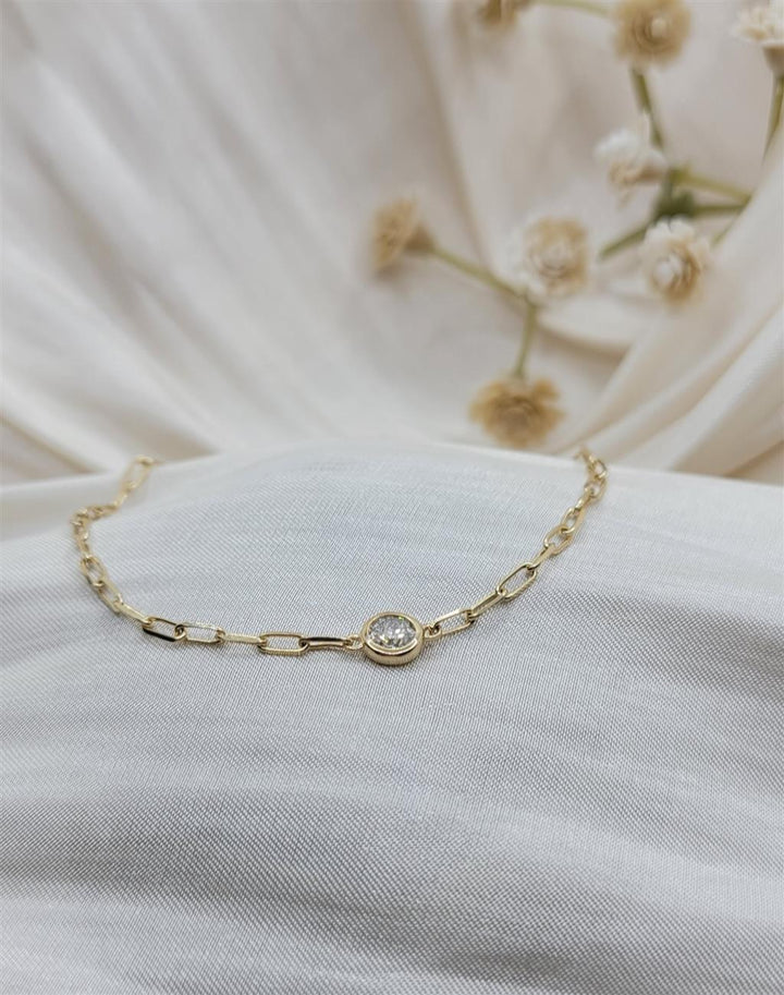 14K Yellow Gold Diamond Bezel Paper Clip Link Bracelet