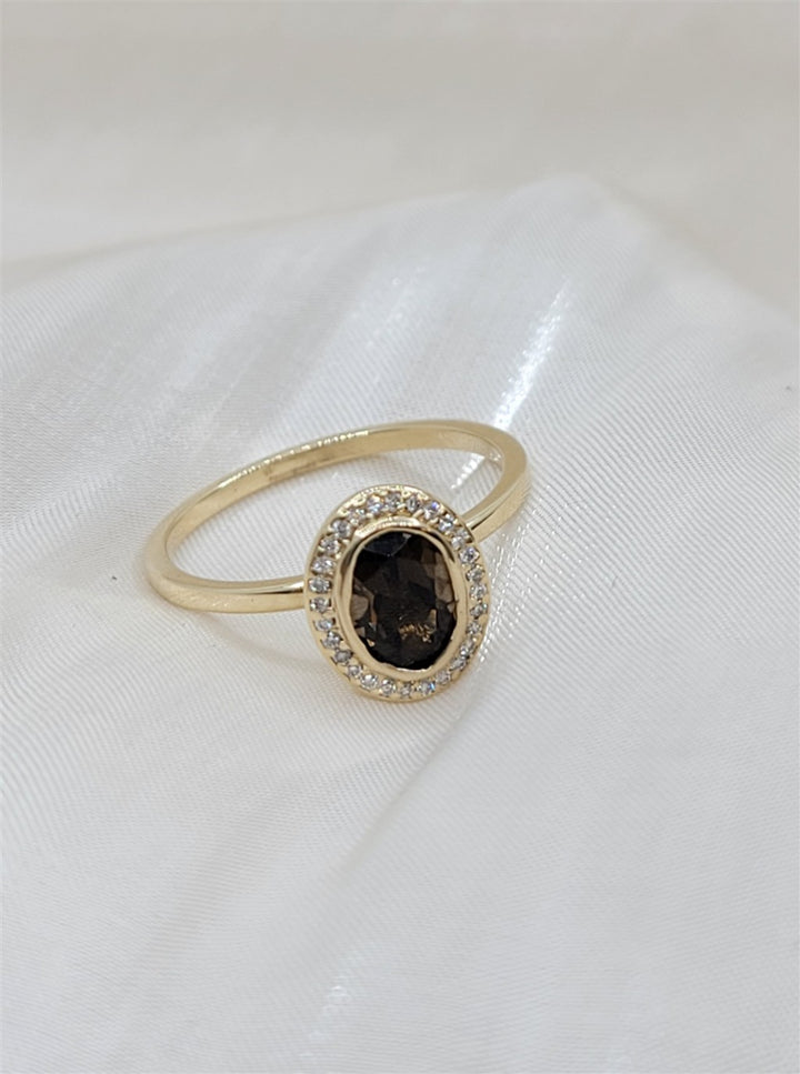 14K Yellow Gold Natural Smoky Quartz & Diamond Ring