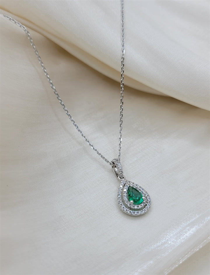 14K/18K White Gold Double Halo Tear Drop Diamond & Emerald Necklace