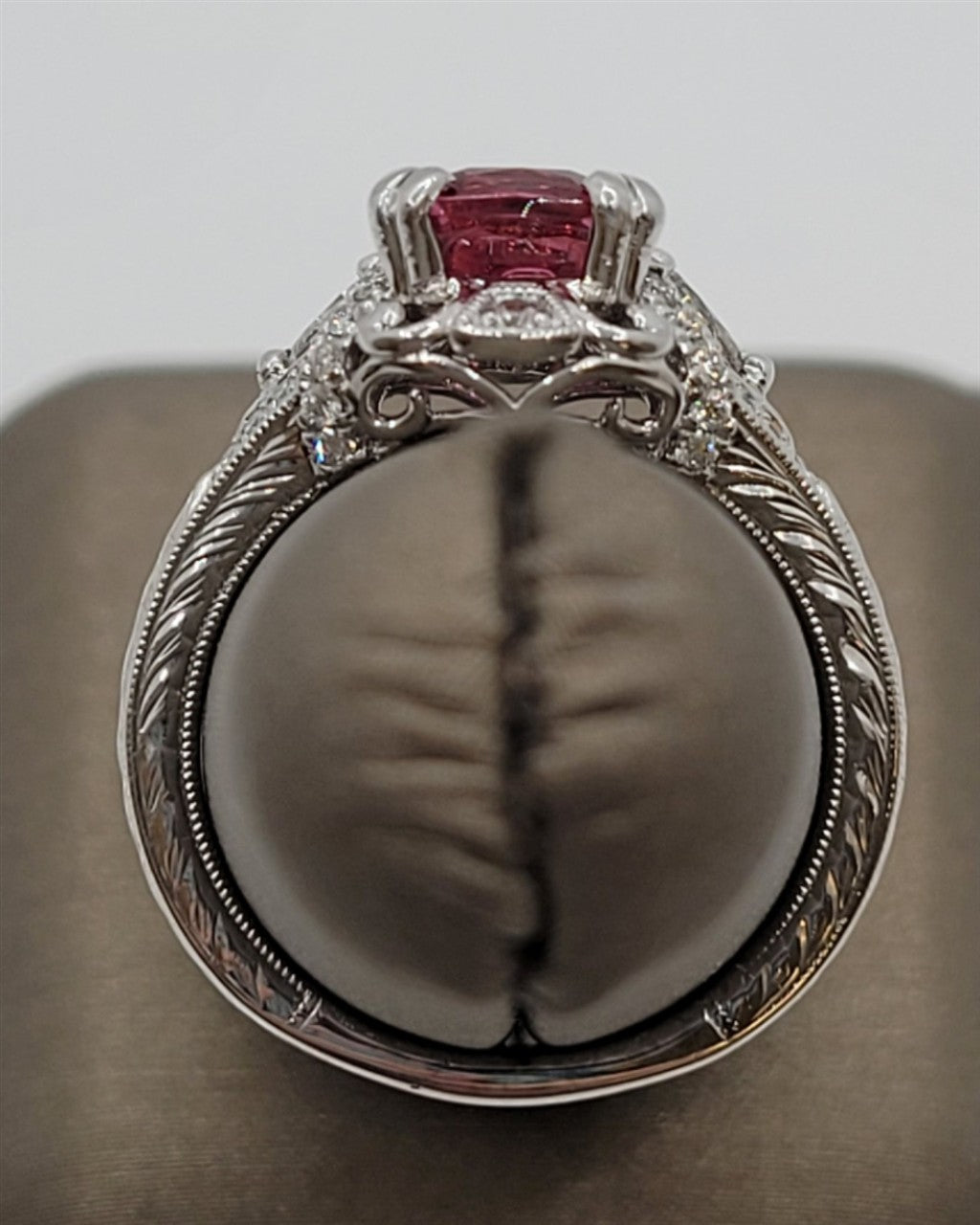 14K White Gold Vintage Style Pink Tourmaline & Diamond Ring