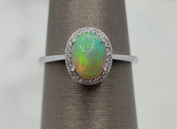 14K White Gold Fashion Opal & Diamonds Gemstone Ring