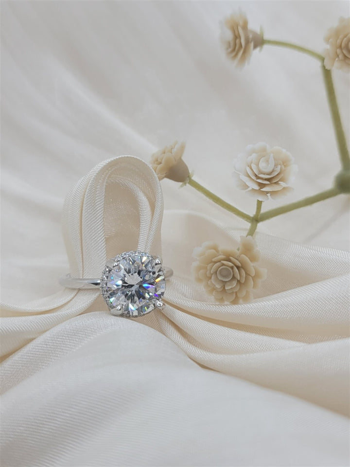 14K White Gold Round Hidden Halo Diamond Engagement Ring