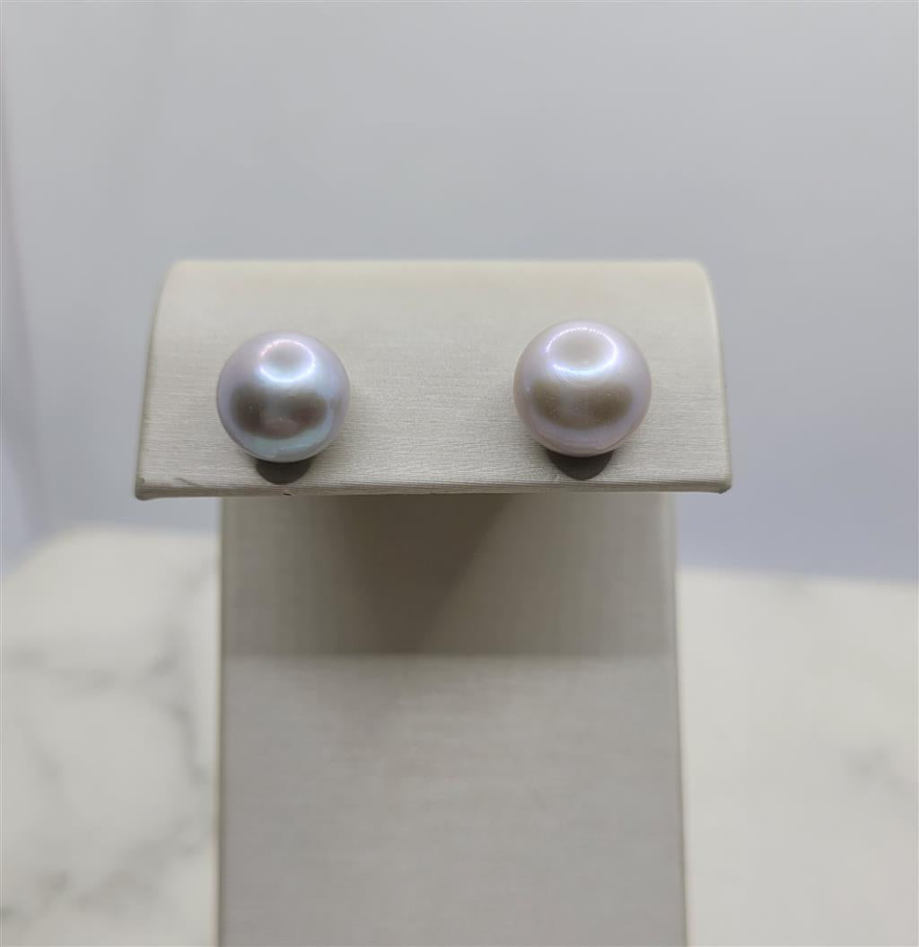 14k White Gold Silver Button Pearl Stud Earrings