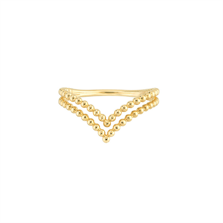 14K Yellow Gold Beaded Chevron Fashion Ring