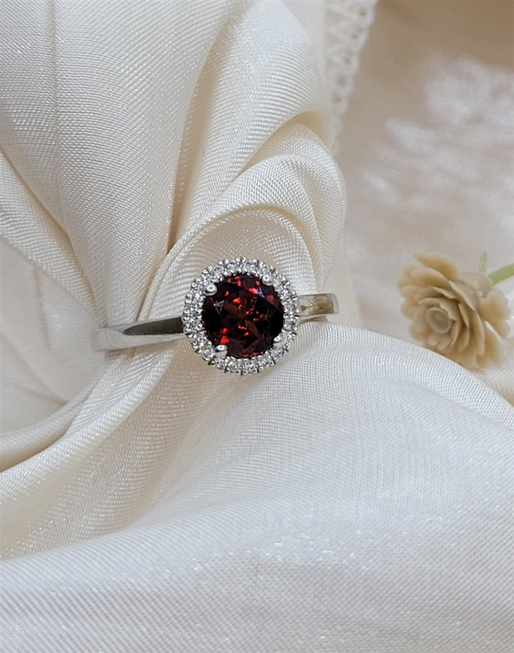 10K White Gold Garnet & Diamond Halo Fashion Ring