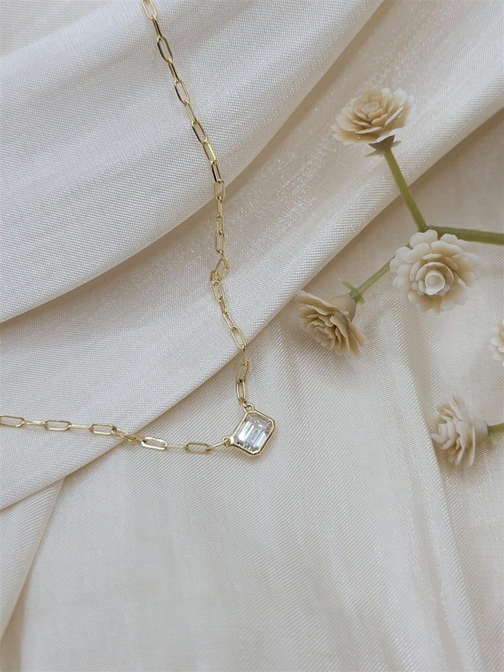 14K Yellow Gold Bezel Set Emerald Cut Diamond Necklace