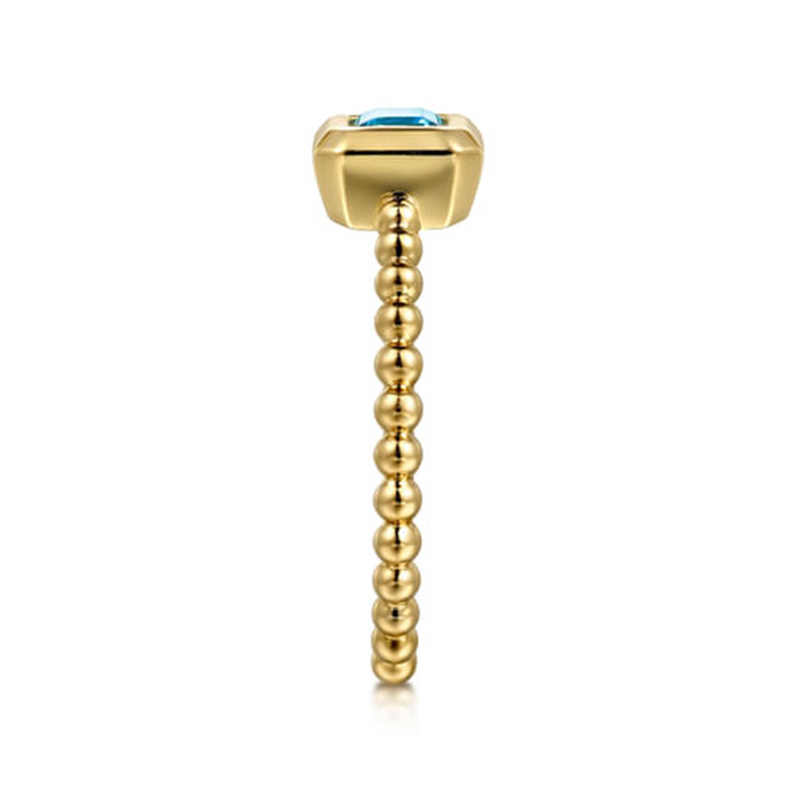 14K Yellow Gold Bezel Set Swiss Blue Topaz Beaded Fashion Ring